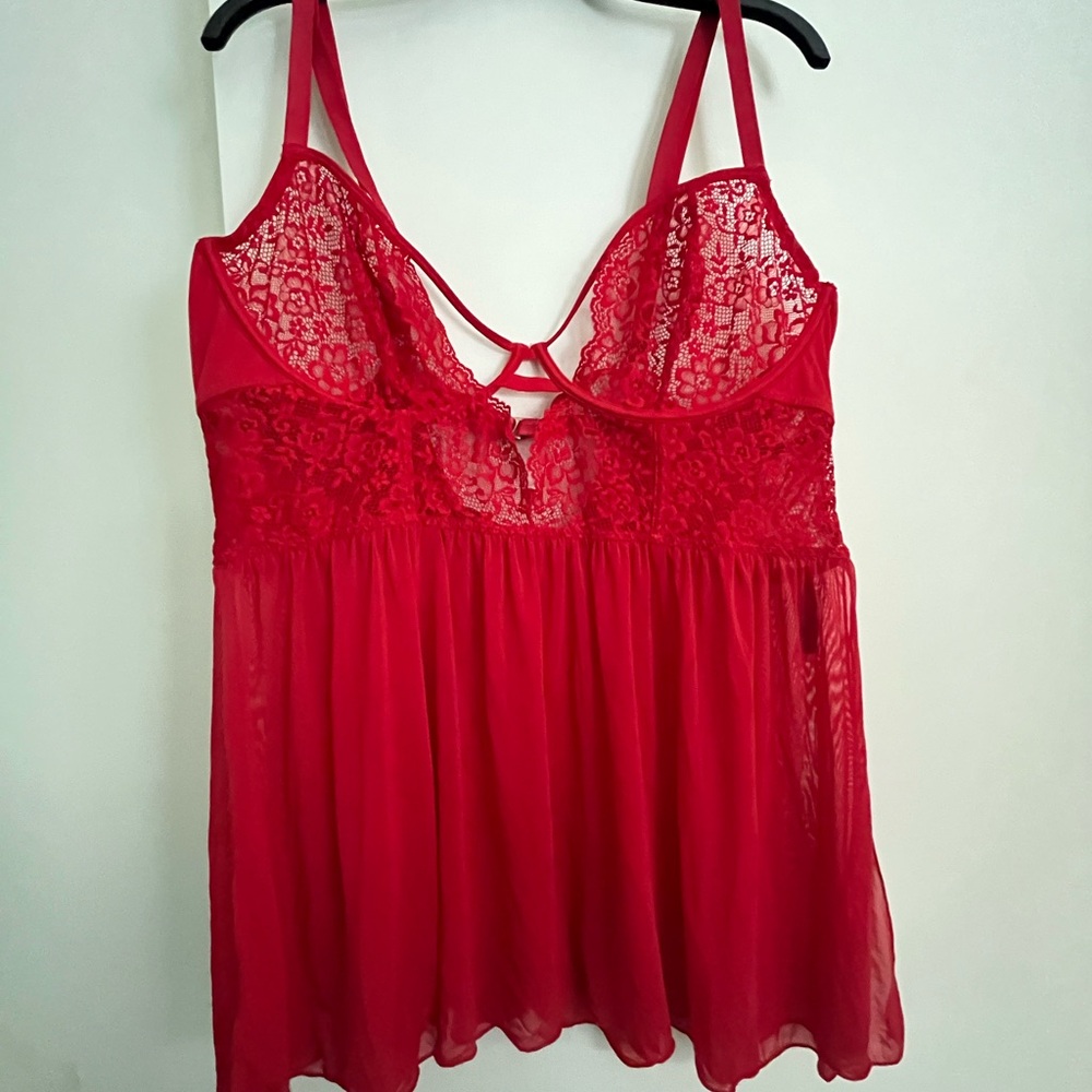 Adore Me Red Lace Chemise with Sheer Panels